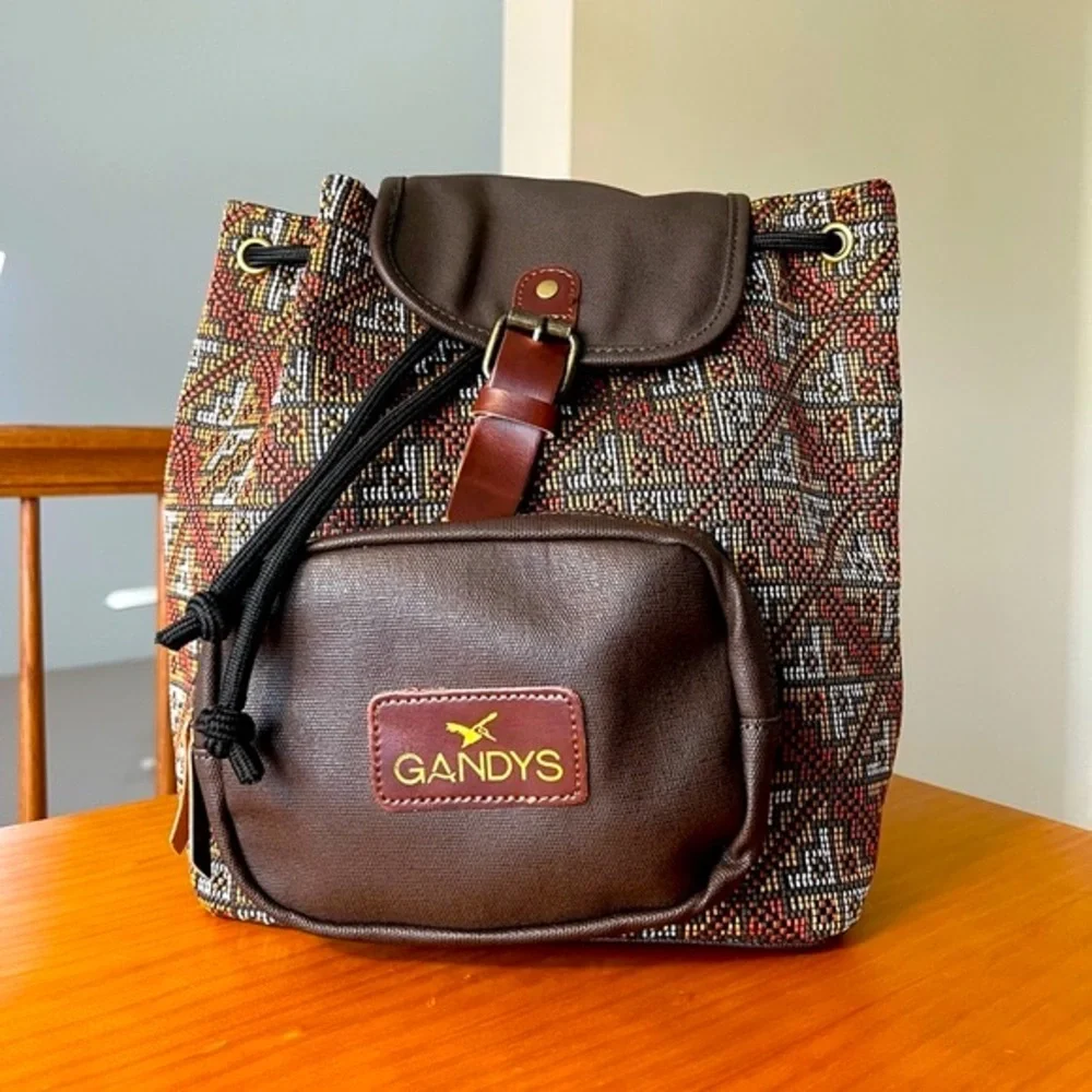 NWT Gandy's Brown Woven Boho Canvas Mini Backpack Knapsack Travel Bag Eco Rare